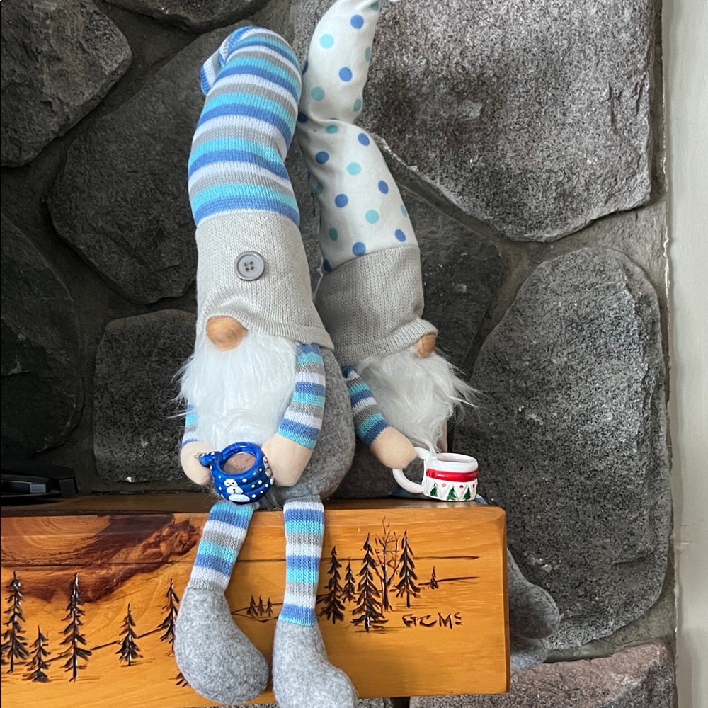 Handmade gnome drinking coffee Blue and Gray Gnome with mugs